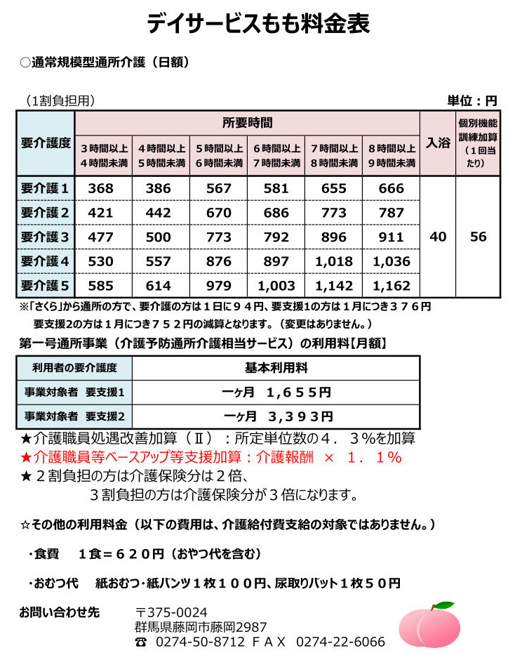 デイサービスもも(通所介護）料金表